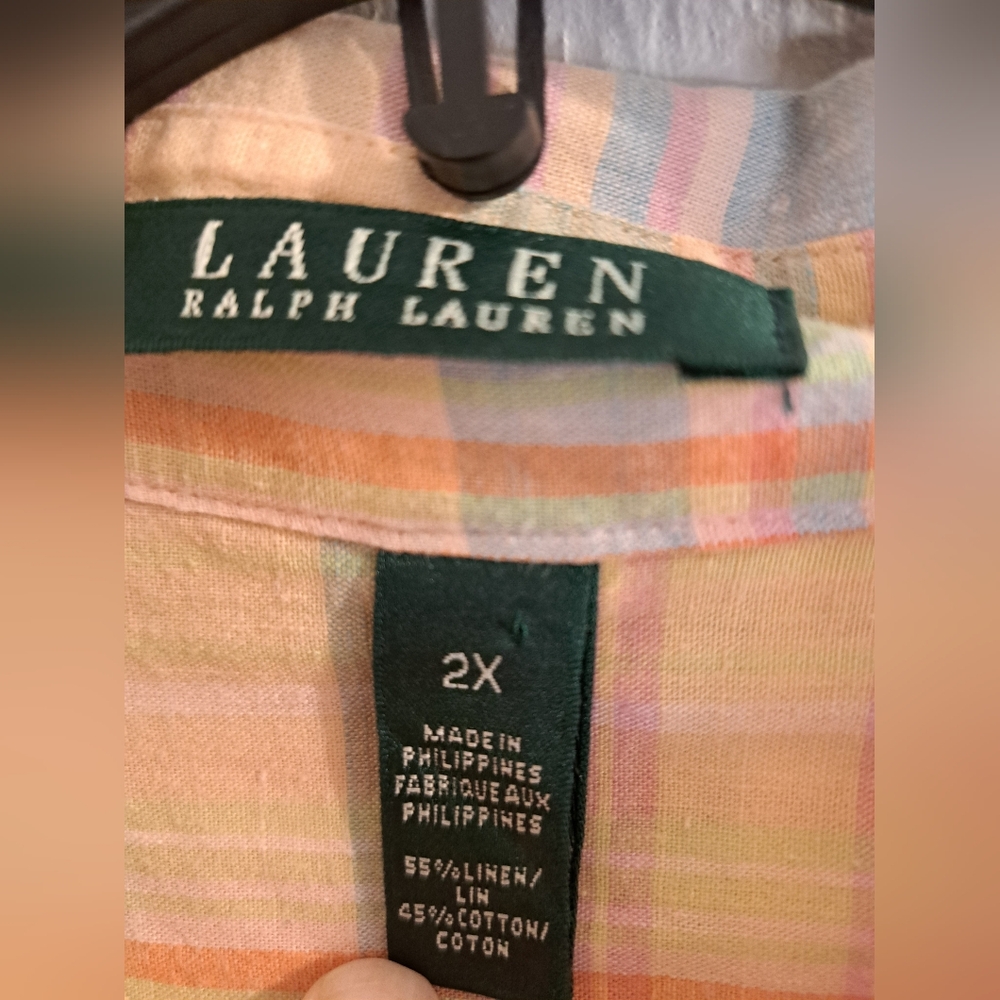 SOLD - Lauren By Ralph Lauren - Sz. 2x Pastel Plaid Button-Down Top 55% Linen - Picture 2 of 6